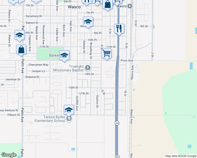 map of restaurants, bars, coffee shops, grocery stores, and more near 1010 15th St in Wasco
