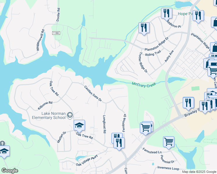 map of restaurants, bars, coffee shops, grocery stores, and more near 104 Mast Court in Mooresville