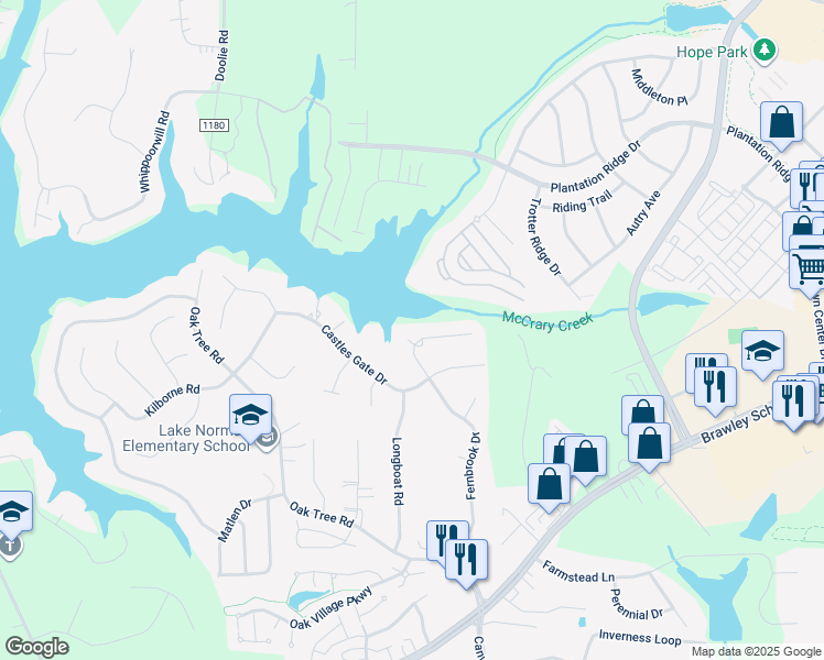 map of restaurants, bars, coffee shops, grocery stores, and more near 104 Mast Court in Mooresville
