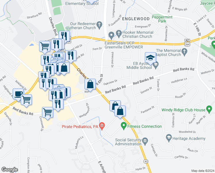 map of restaurants, bars, coffee shops, grocery stores, and more near 100 Churchside Drive in Greenville