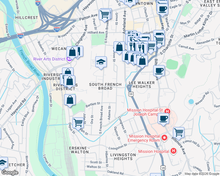 map of restaurants, bars, coffee shops, grocery stores, and more near 24 Phifer Street in Asheville