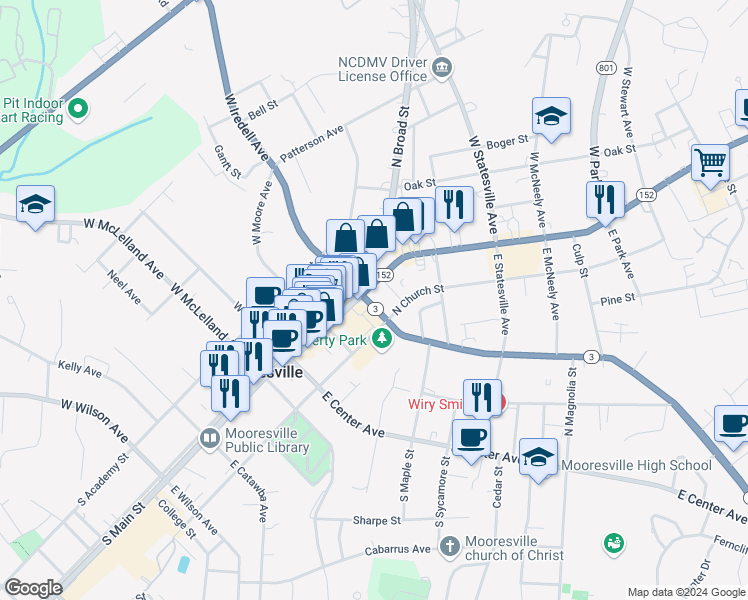 map of restaurants, bars, coffee shops, grocery stores, and more near 305 North Main Street in Mooresville