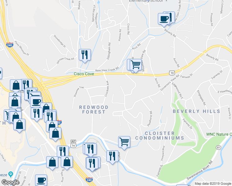 map of restaurants, bars, coffee shops, grocery stores, and more near 51 Dogwood Court in Asheville