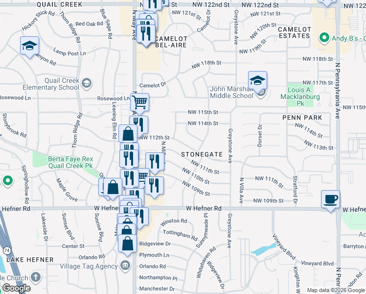 map of restaurants, bars, coffee shops, grocery stores, and more near 2700 Northwest 112th Street in Oklahoma City