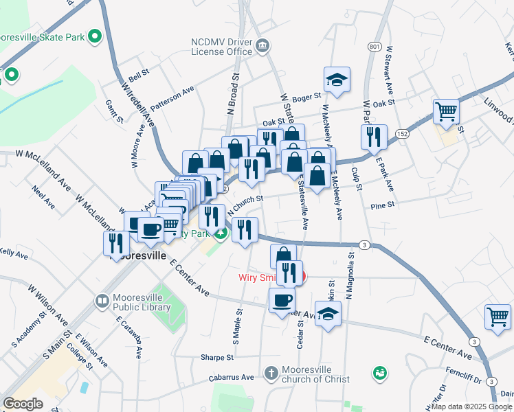 map of restaurants, bars, coffee shops, grocery stores, and more near 213 Institute Avenue in Mooresville