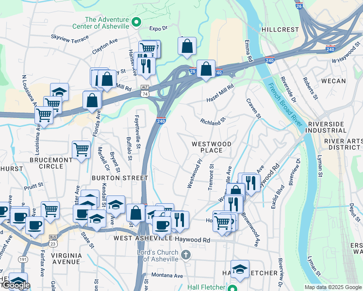 map of restaurants, bars, coffee shops, grocery stores, and more near 99999 Branning Street in Asheville