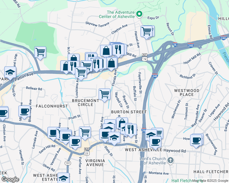 map of restaurants, bars, coffee shops, grocery stores, and more near 70 Mardell Circle in Asheville