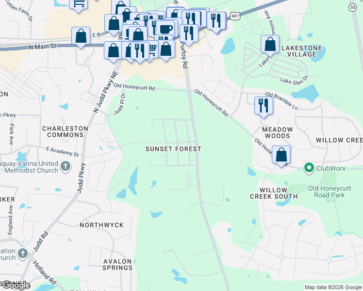 map of restaurants, bars, coffee shops, grocery stores, and more near 101 South Buttress Drive in Fuquay Varina