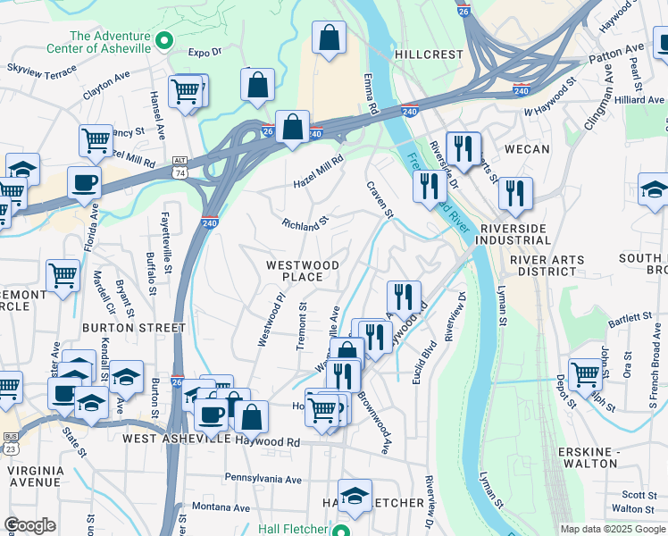 map of restaurants, bars, coffee shops, grocery stores, and more near 23 Sunrise Drive in Asheville