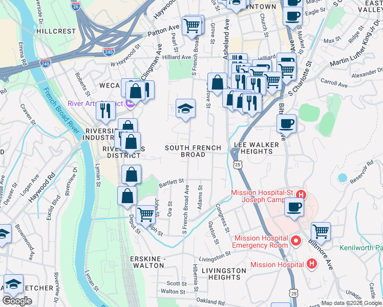 map of restaurants, bars, coffee shops, grocery stores, and more near 271 South French Broad Avenue in Asheville