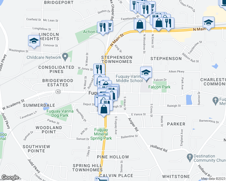 map of restaurants, bars, coffee shops, grocery stores, and more near 107 East Academy Street in Fuquay Varina
