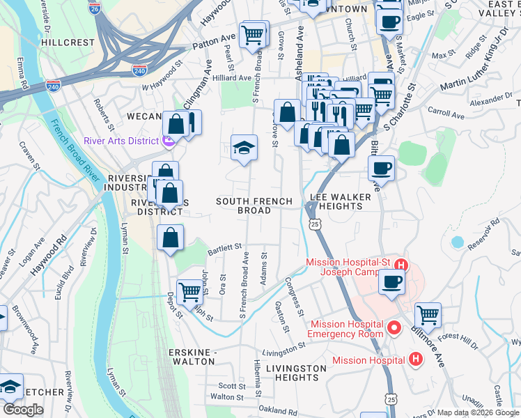 map of restaurants, bars, coffee shops, grocery stores, and more near 24 Phifer Street in Asheville