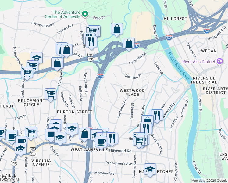 map of restaurants, bars, coffee shops, grocery stores, and more near 99999 Branning Street in Asheville