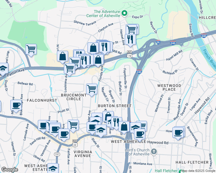 map of restaurants, bars, coffee shops, grocery stores, and more near 10 Bryant Street in Asheville