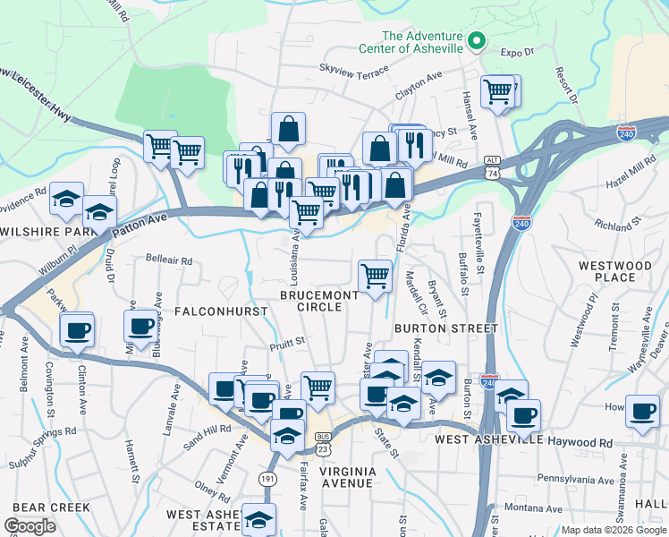 map of restaurants, bars, coffee shops, grocery stores, and more near 16 Oregon Avenue in Asheville
