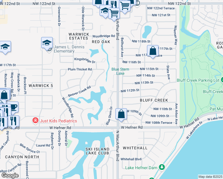 map of restaurants, bars, coffee shops, grocery stores, and more near 11301 Spring Creek Road in Oklahoma City