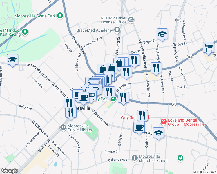 map of restaurants, bars, coffee shops, grocery stores, and more near North Carolina 3 in Mooresville