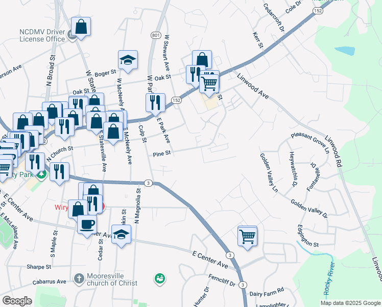map of restaurants, bars, coffee shops, grocery stores, and more near 831 Pine Street in Mooresville