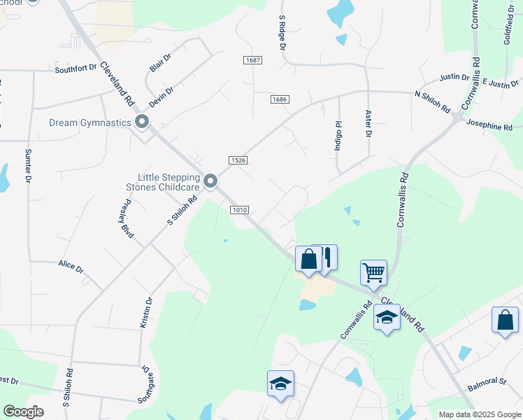 map of restaurants, bars, coffee shops, grocery stores, and more near 10778 Cleveland Road in Garner