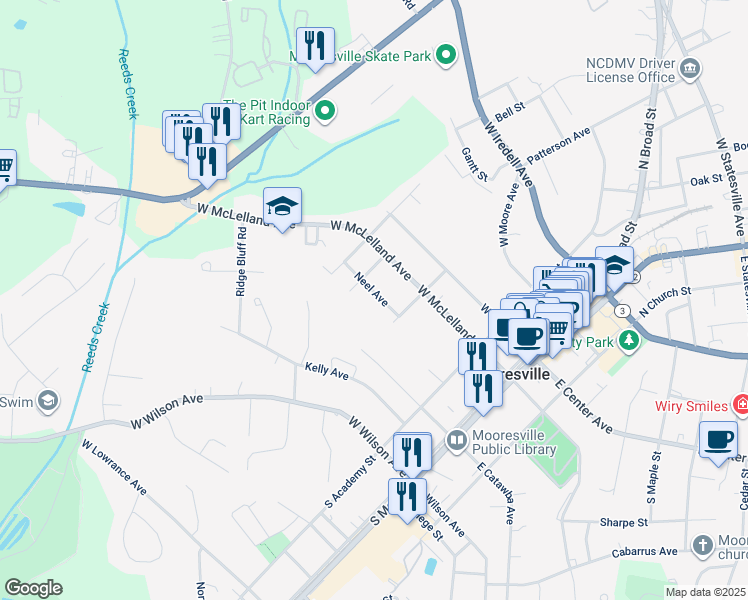 map of restaurants, bars, coffee shops, grocery stores, and more near 430 Neel Avenue in Mooresville