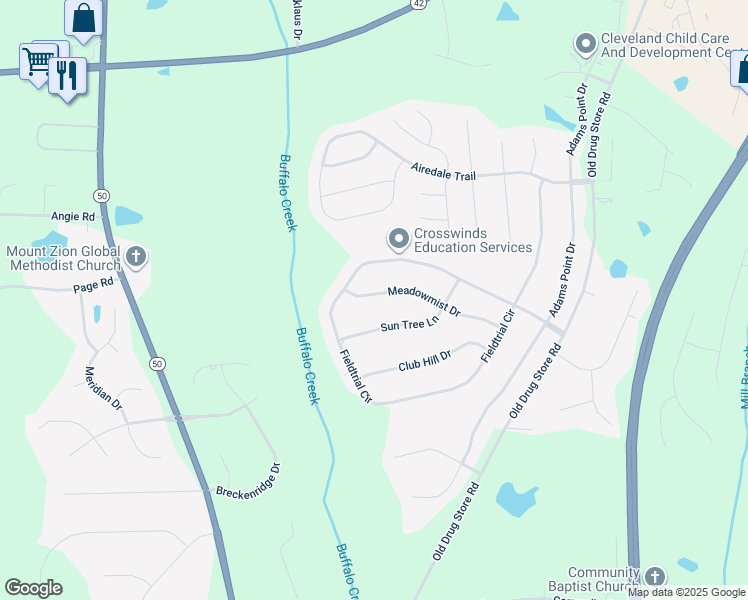 map of restaurants, bars, coffee shops, grocery stores, and more near 285 Meadowmist Drive in Garner
