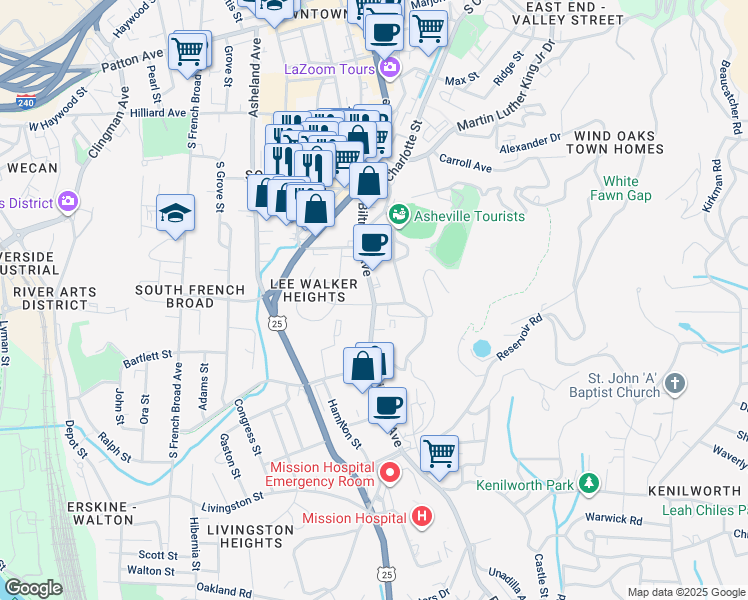 map of restaurants, bars, coffee shops, grocery stores, and more near 268 Biltmore Avenue in Asheville