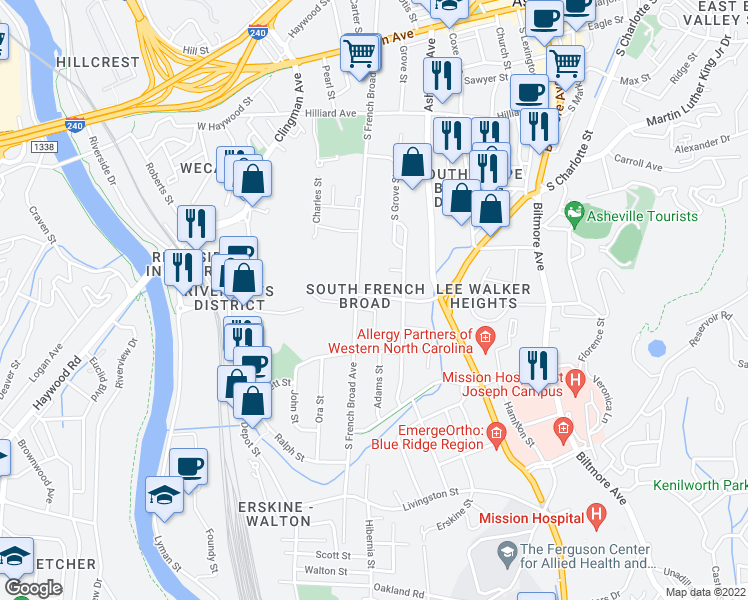 map of restaurants, bars, coffee shops, grocery stores, and more near 10 Phifer Street in Asheville