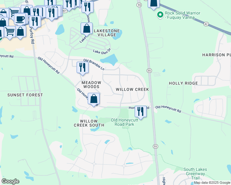 map of restaurants, bars, coffee shops, grocery stores, and more near 212 North Fuquay Springs Avenue in Fuquay-Varina