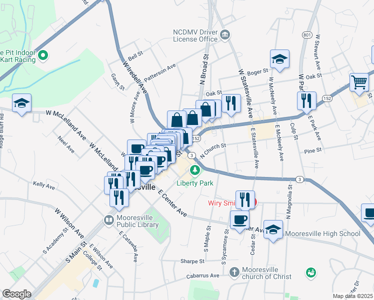 map of restaurants, bars, coffee shops, grocery stores, and more near North Carolina 3 in Mooresville