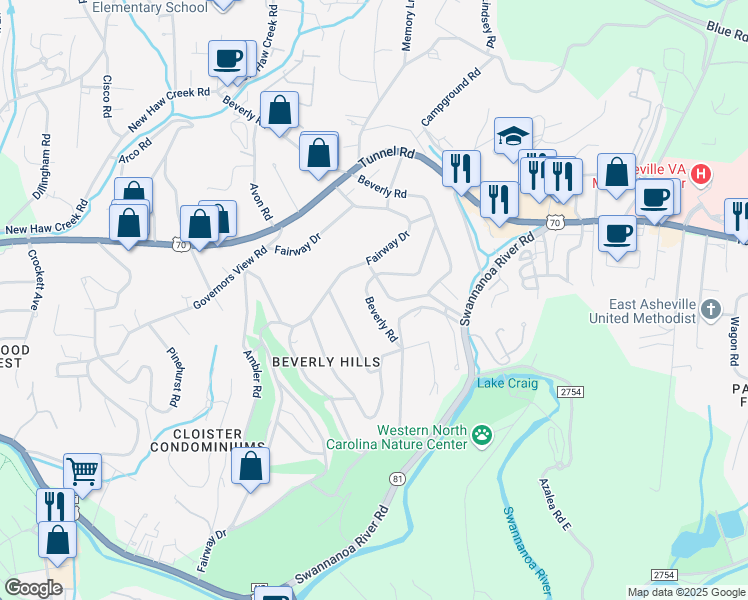 map of restaurants, bars, coffee shops, grocery stores, and more near 172 Beverly Road in Asheville