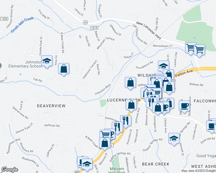 map of restaurants, bars, coffee shops, grocery stores, and more near 122 Johnston Boulevard in Asheville