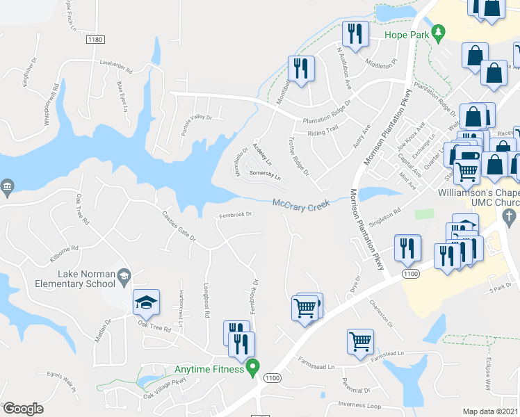 map of restaurants, bars, coffee shops, grocery stores, and more near 271 Fernbrook Drive in Mooresville