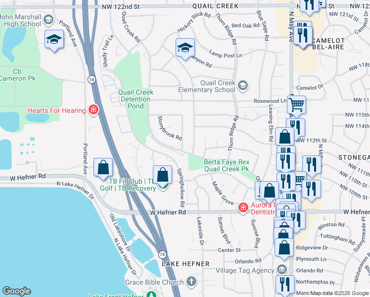 map of restaurants, bars, coffee shops, grocery stores, and more near 11306 Red Rock Road in Oklahoma City