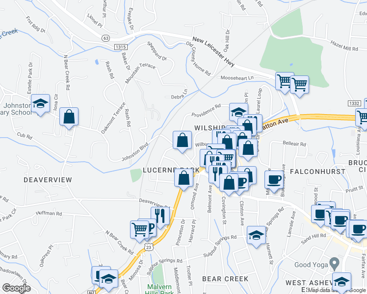 map of restaurants, bars, coffee shops, grocery stores, and more near 59 Johnston Boulevard in Asheville