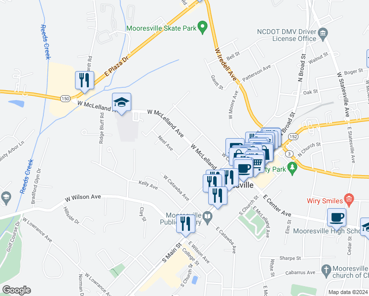 map of restaurants, bars, coffee shops, grocery stores, and more near 207 Charlotte Street in Mooresville