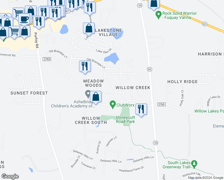 map of restaurants, bars, coffee shops, grocery stores, and more near 215 North Fuquay Springs Avenue in Fuquay Varina