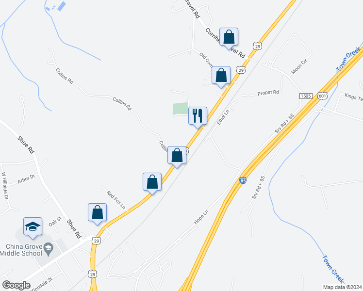 map of restaurants, bars, coffee shops, grocery stores, and more near 1725 North Main Street in China Grove