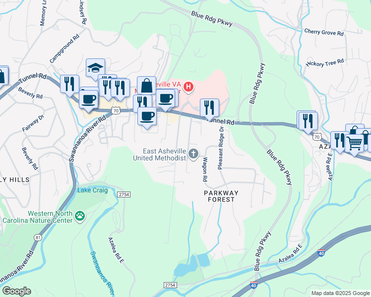 map of restaurants, bars, coffee shops, grocery stores, and more near 25 Browndale Road in Asheville