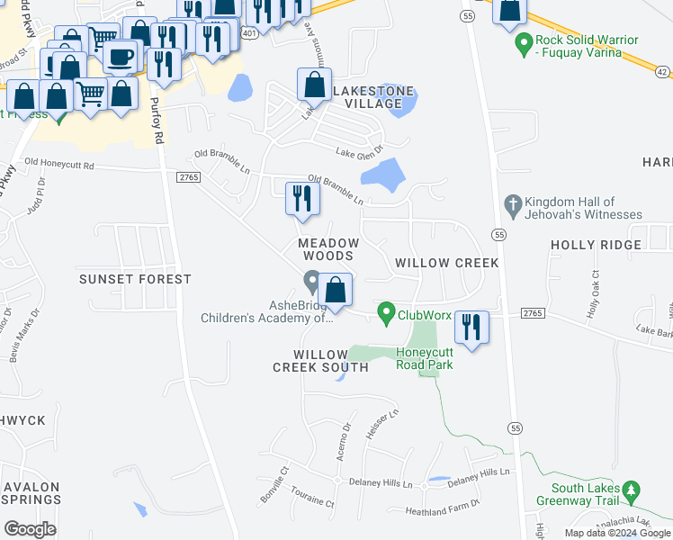 map of restaurants, bars, coffee shops, grocery stores, and more near 928 Greenbriar Drive in Fuquay Varina