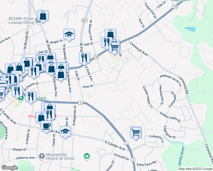 map of restaurants, bars, coffee shops, grocery stores, and more near 903 Pine Street in Mooresville