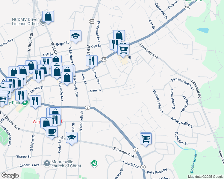 map of restaurants, bars, coffee shops, grocery stores, and more near 831 Pine Street in Mooresville