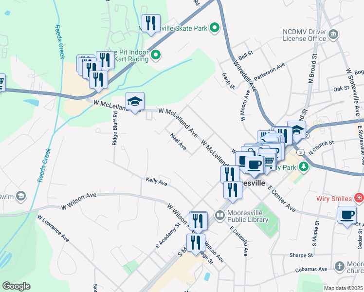 map of restaurants, bars, coffee shops, grocery stores, and more near 430 Neel Avenue in Mooresville