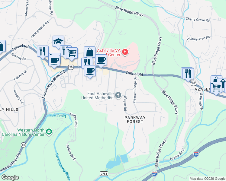 map of restaurants, bars, coffee shops, grocery stores, and more near 27 Browndale Road in Asheville