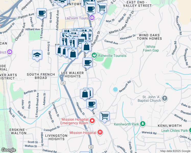 map of restaurants, bars, coffee shops, grocery stores, and more near 120 Buchanan Avenue in Asheville
