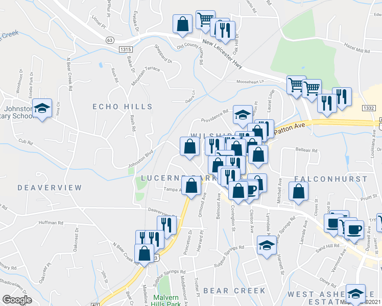 map of restaurants, bars, coffee shops, grocery stores, and more near 74 Johnston Boulevard in Asheville