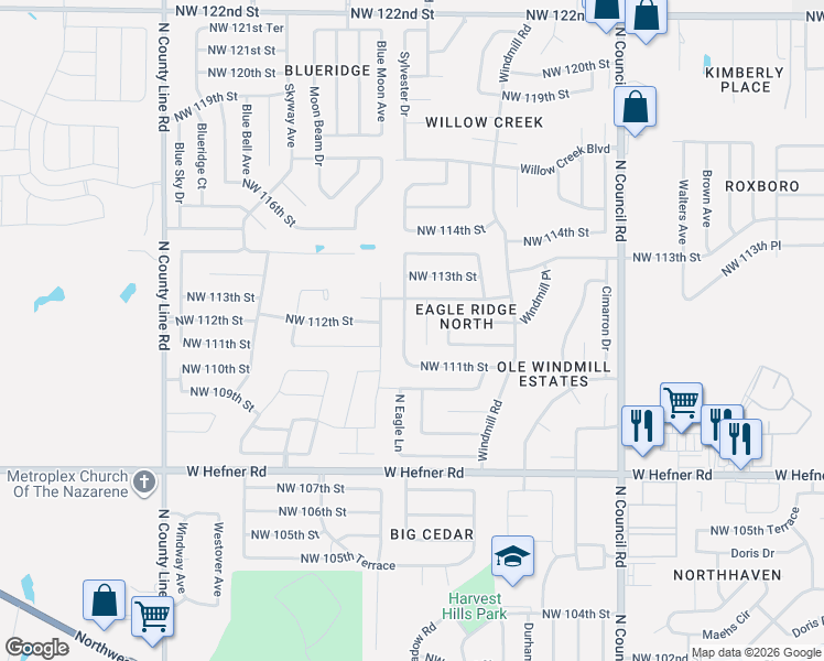 map of restaurants, bars, coffee shops, grocery stores, and more near 11221 North Eagle Lane in Oklahoma City