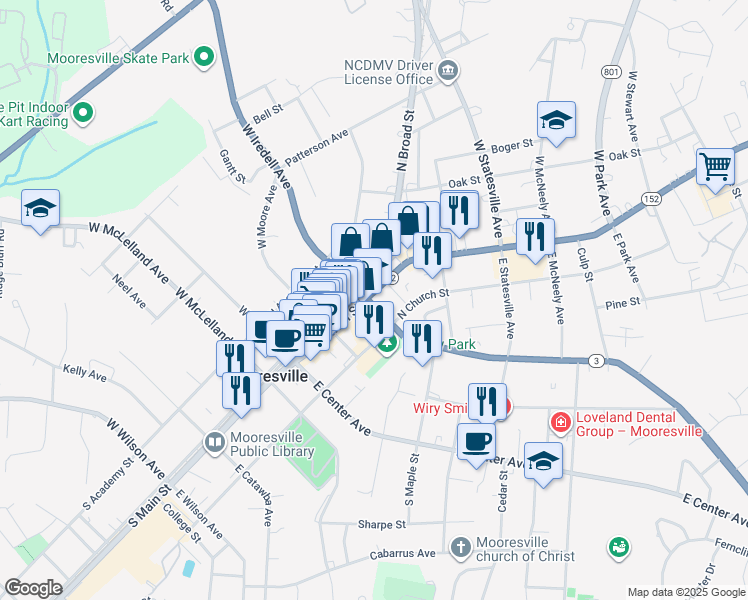 map of restaurants, bars, coffee shops, grocery stores, and more near 305 North Main Street in Mooresville