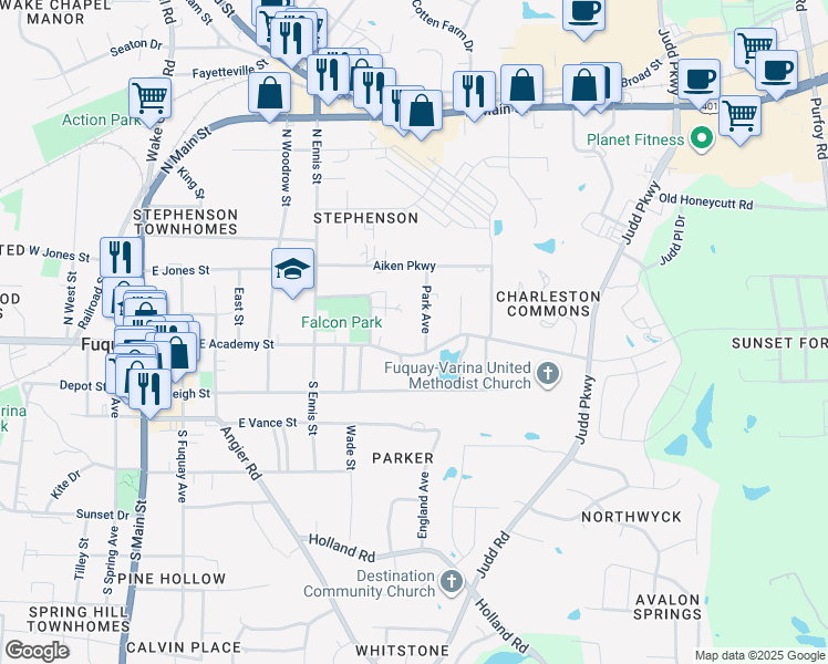 map of restaurants, bars, coffee shops, grocery stores, and more near 105 Park Avenue in Fuquay-Varina