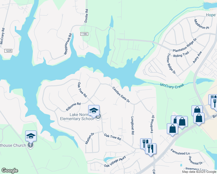 map of restaurants, bars, coffee shops, grocery stores, and more near 166 Castles Gate Drive in Mooresville