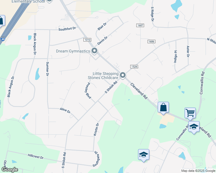 map of restaurants, bars, coffee shops, grocery stores, and more near 3598 South Shiloh Road in Garner